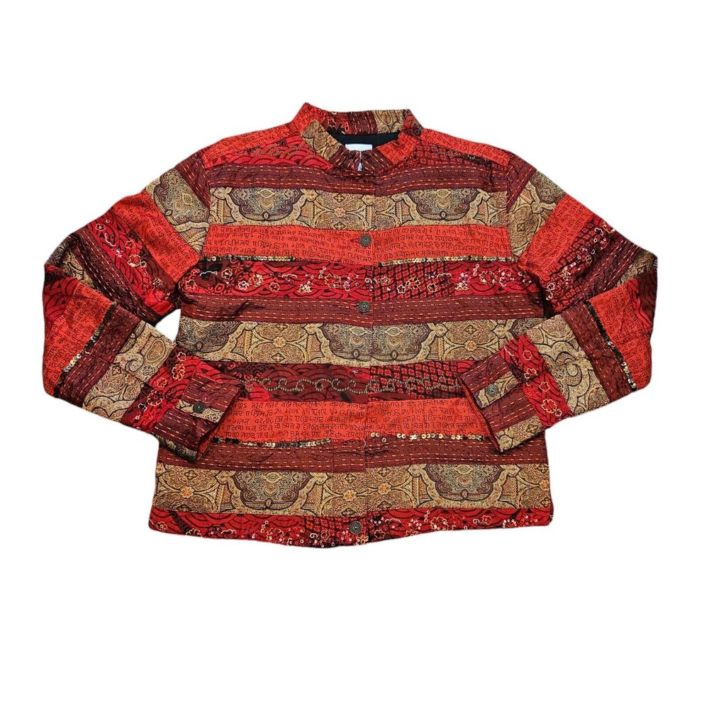 Vtg Chicos Jacket Womens Size 2/L Red Floral Patchwork Colorblock Sequin Artsy